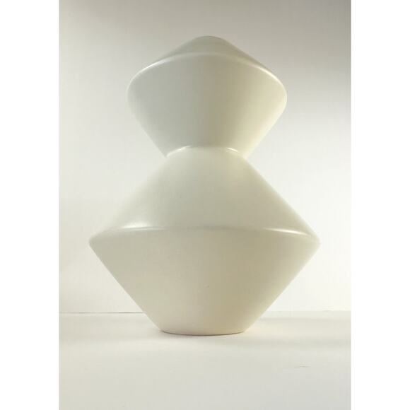 West Elm White Ceramic Vase 8" Tall Geometric Double Diamond Modern Decor - Picture 3 of 9